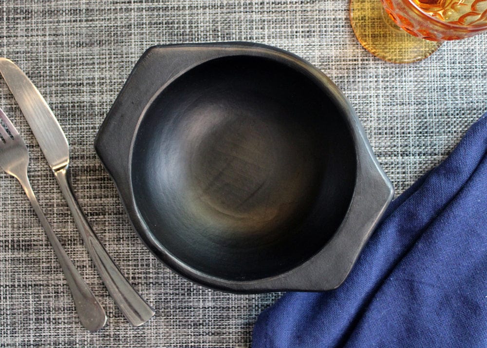Chamba Cookware Authentic Chamba Ajiaco Bowl w/ Flat Bottom - Elegant, All-Natural Black Clay Dish for Soup, Salad or Serving - Handmade in Colombia