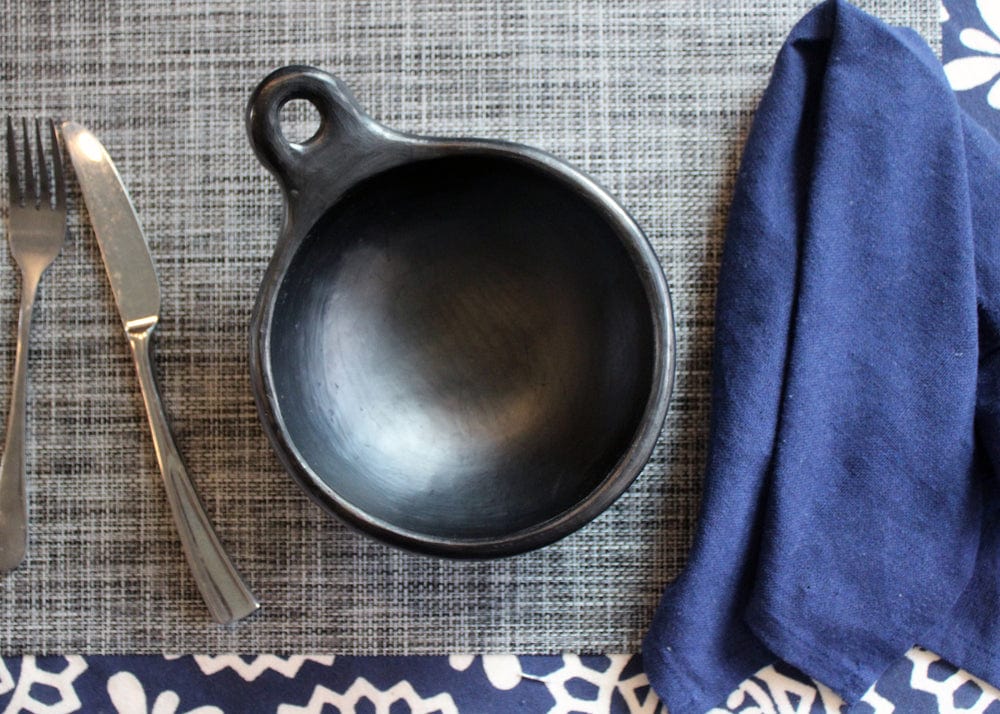 Chamba Cookware Authentic Chamba Bowl w/ One Handle - Elegant, All-Natural Black Clay Dish for Soups, Salads and Serving - Handmade in Colombia