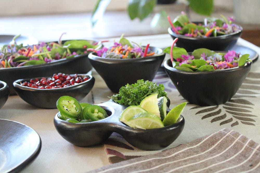 Chamba Cookware Authentic Chamba Triple Dish - Elegant, All-Natural Black Clay Platter for Salsas, Appetizers and More - Handmade in Colombia