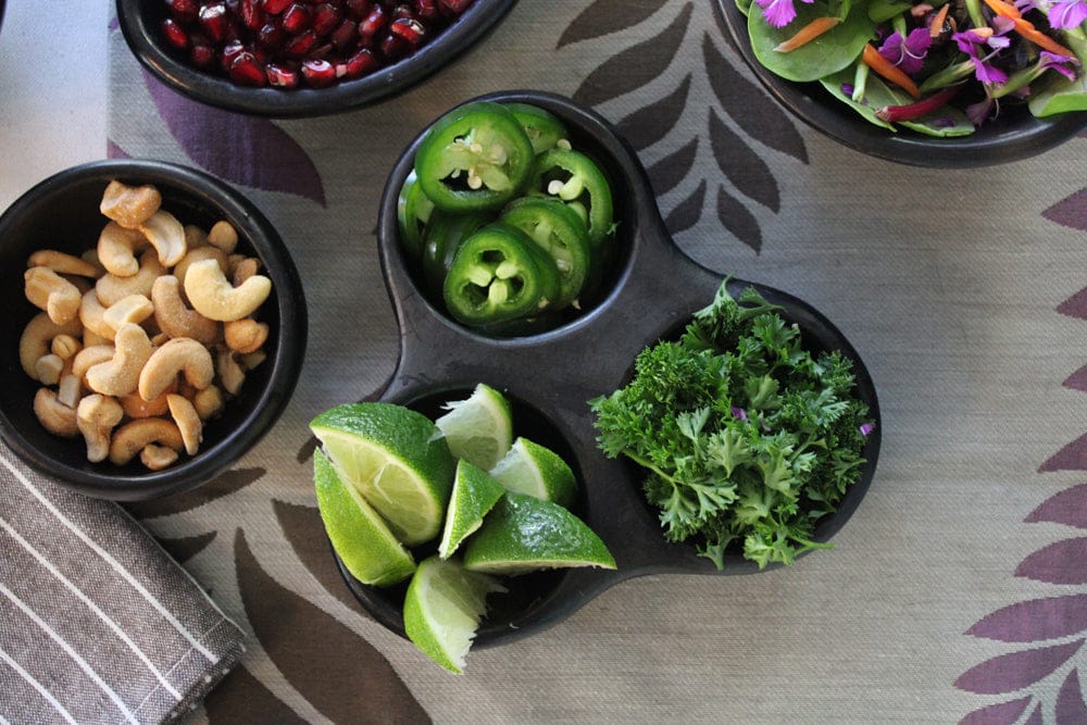 Chamba Cookware Authentic Chamba Triple Dish - Elegant, All-Natural Black Clay Platter for Salsas, Appetizers and More - Handmade in Colombia