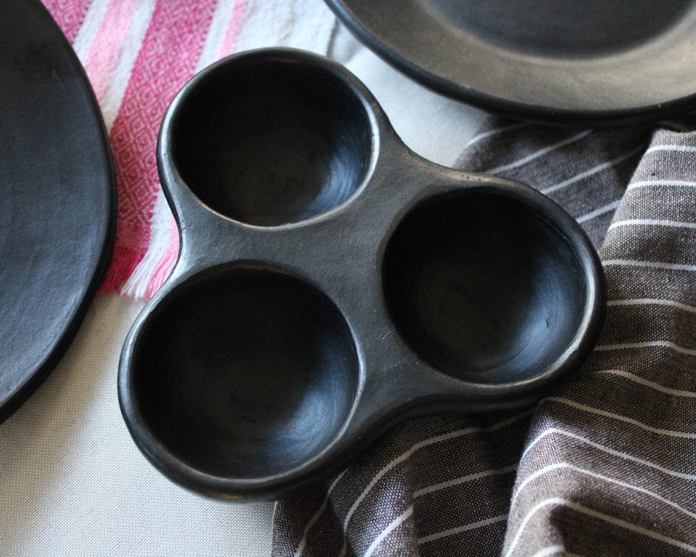 Chamba Cookware Authentic Chamba Triple Dish - Elegant, All-Natural Black Clay Platter for Salsas, Appetizers and More - Handmade in Colombia