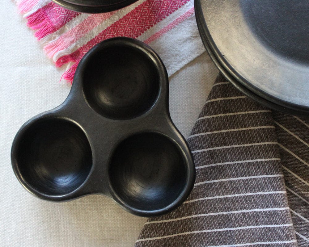 Chamba Cookware Authentic Chamba Triple Dish - Elegant, All-Natural Black Clay Platter for Salsas, Appetizers and More - Handmade in Colombia
