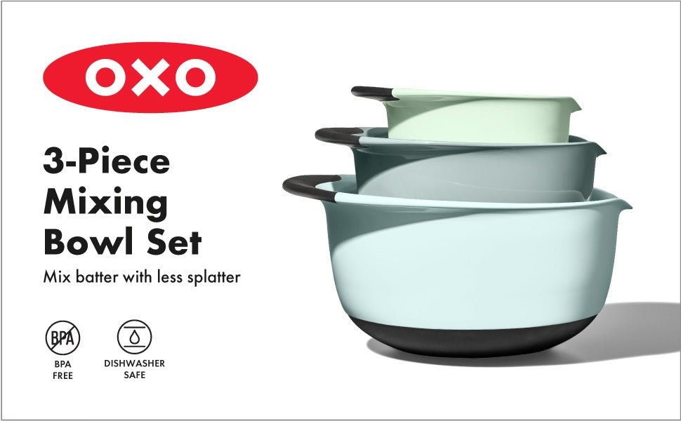 OXO 3-Piece Mixing Bowl Set: Blue, Grey & Jade