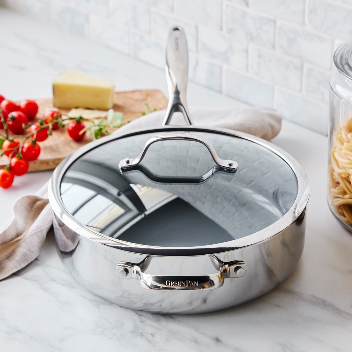 Cookware GreenPan Valencia Pro Saute Pan with Lid and Helper Handle, 5 Quart