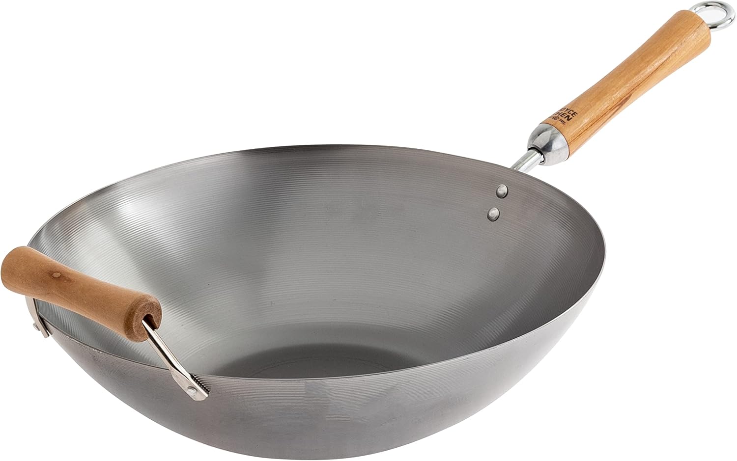J22-0060 - Joyce Chen Uncoated Carbon Steel Flat Bottom Wok with Phenolic Handles, 14"