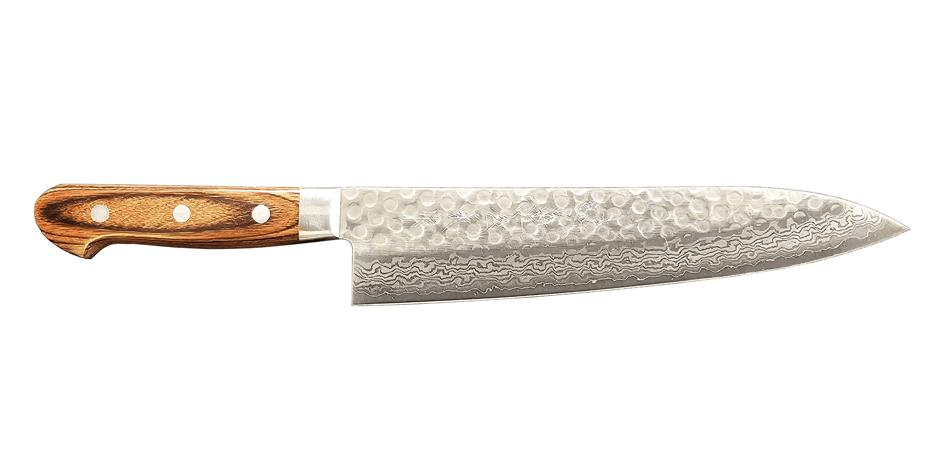 Cutlery Kikuichi Warikomi Damascus Tsuchime Gyuto 8" Mahogany Handle