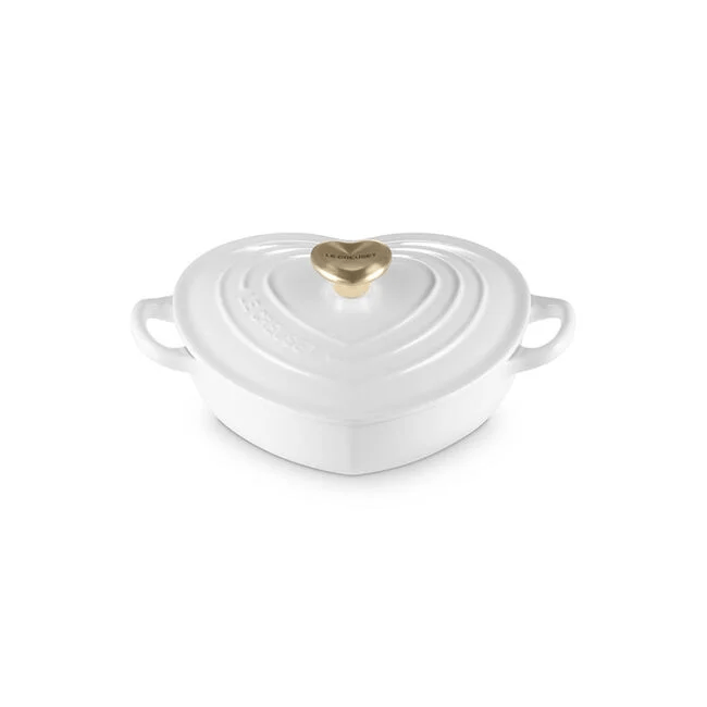 Cookware Le Creuset Shallow Heart Cocotte with Light Gold Heart Knob - 1.25 Quart - White