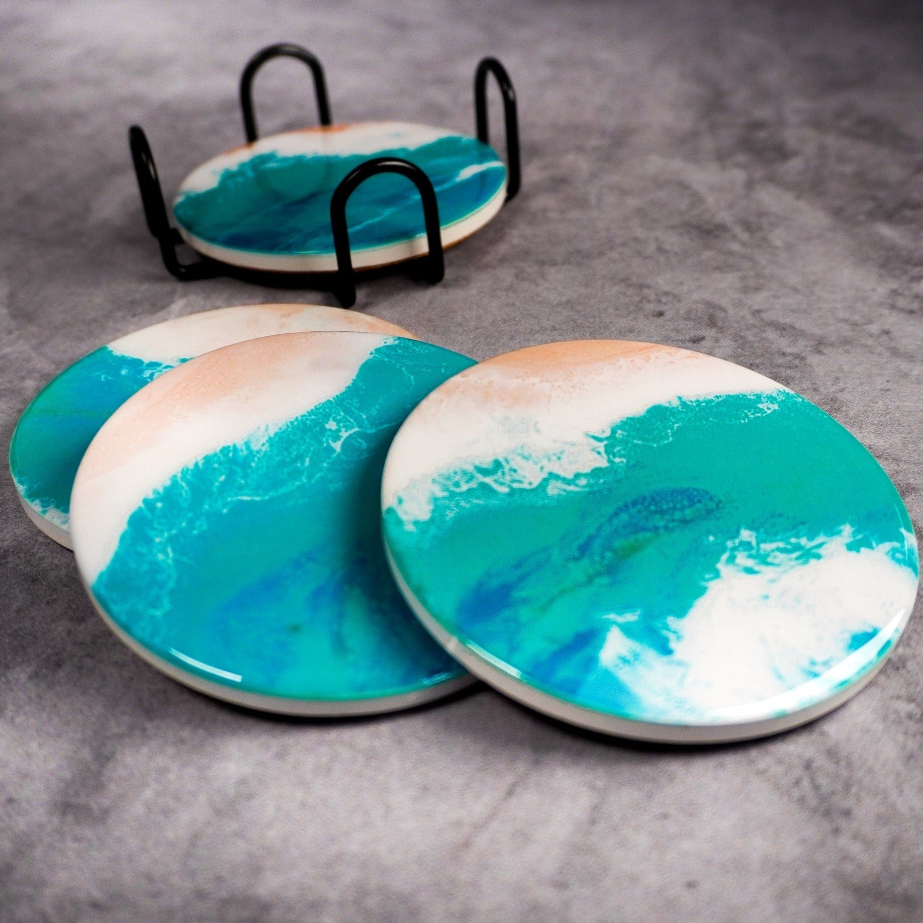 Tabletop Lynn & Liana Ceramic Resin Coasters - Caribbean Blue - Set of Four