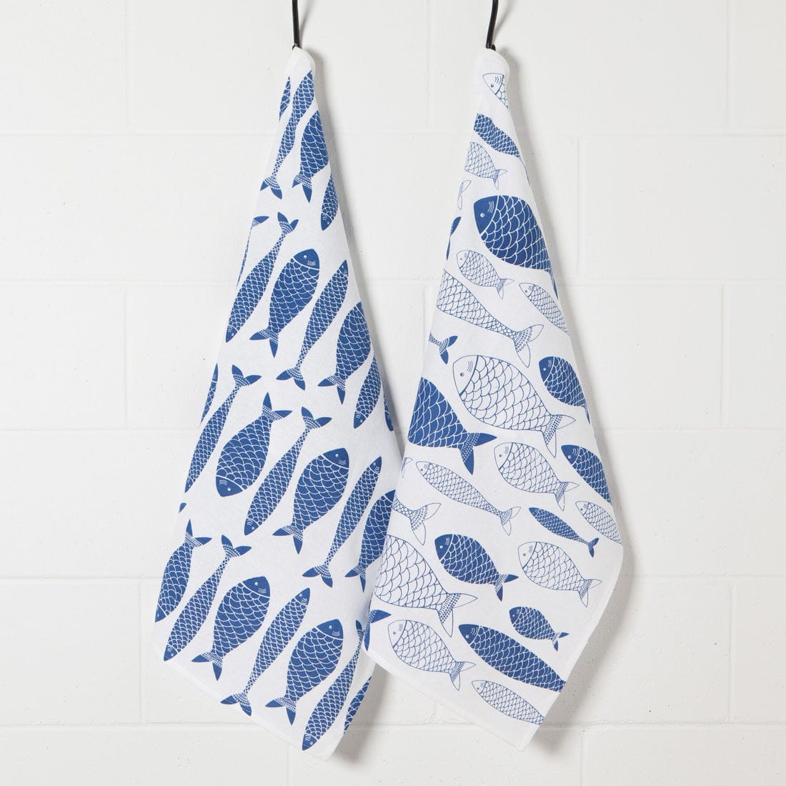 Linen Now Designs - Fish Print Royal Blue Floursack Dishtowels - Set of 2