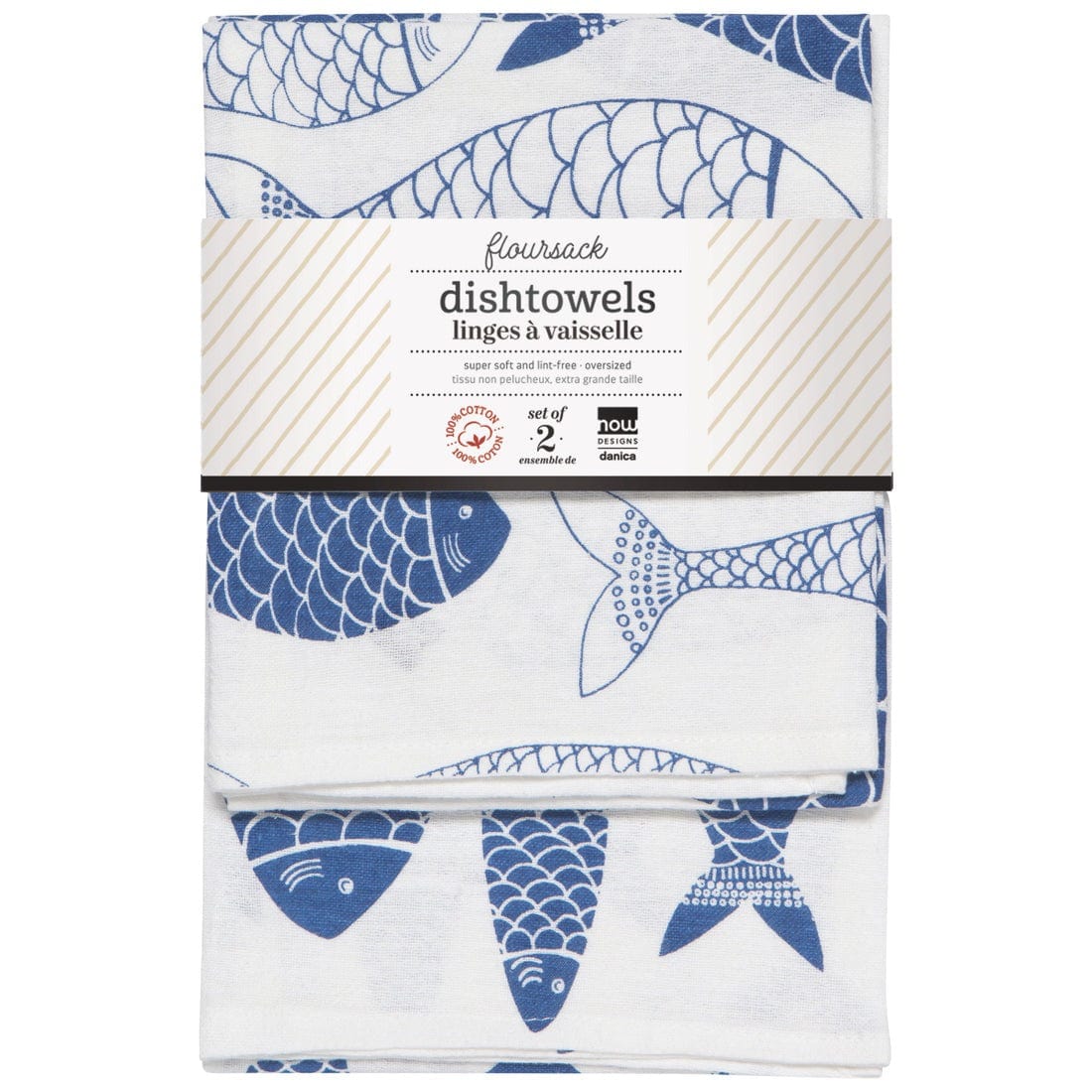 Linen Now Designs - Fish Print Royal Blue Floursack Dishtowels - Set of 2