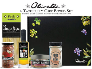 Olivelle Gift Set - Bucatini Pasta, Pasta Rocks, Tuscan Herb Infused Olive Oil, Bruschetta Dried Herb Blend, Smokey Bacon Sea Salt