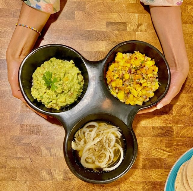 Chamba Cookware Authentic Chamba Triple Dish - Elegant, All-Natural Black Clay Platter for Salsas, Appetizers and More - Handmade in Colombia