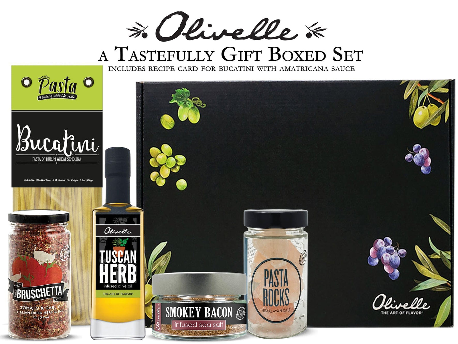 Food Olivelle Gift Set - Bucatini Pasta, Pasta Rocks, Tuscan Herb Infused Olive Oil, Bruschetta Dried Herb Blend, Smokey Bacon Sea Salt