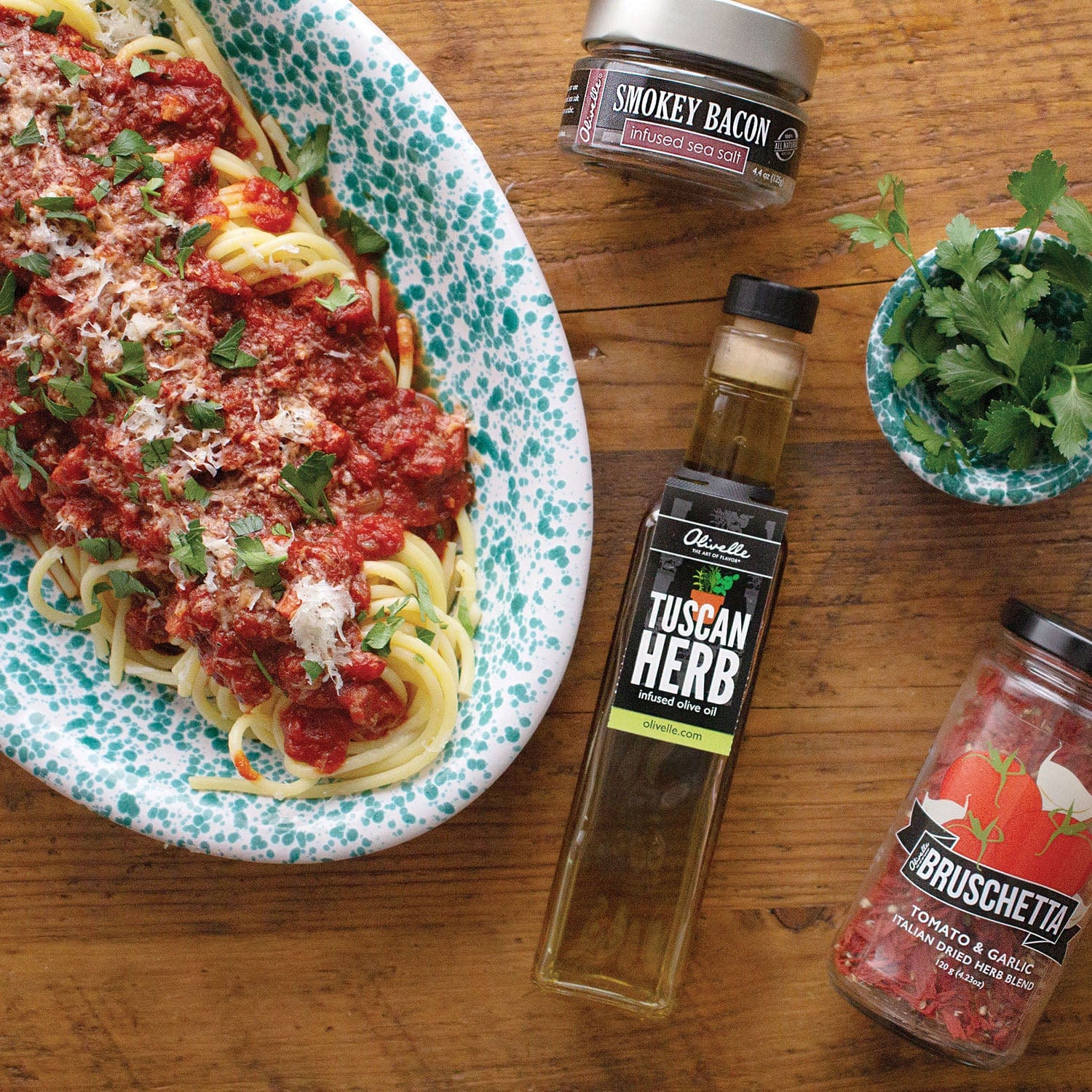 Food Olivelle Gift Set - Bucatini Pasta, Pasta Rocks, Tuscan Herb Infused Olive Oil, Bruschetta Dried Herb Blend, Smokey Bacon Sea Salt