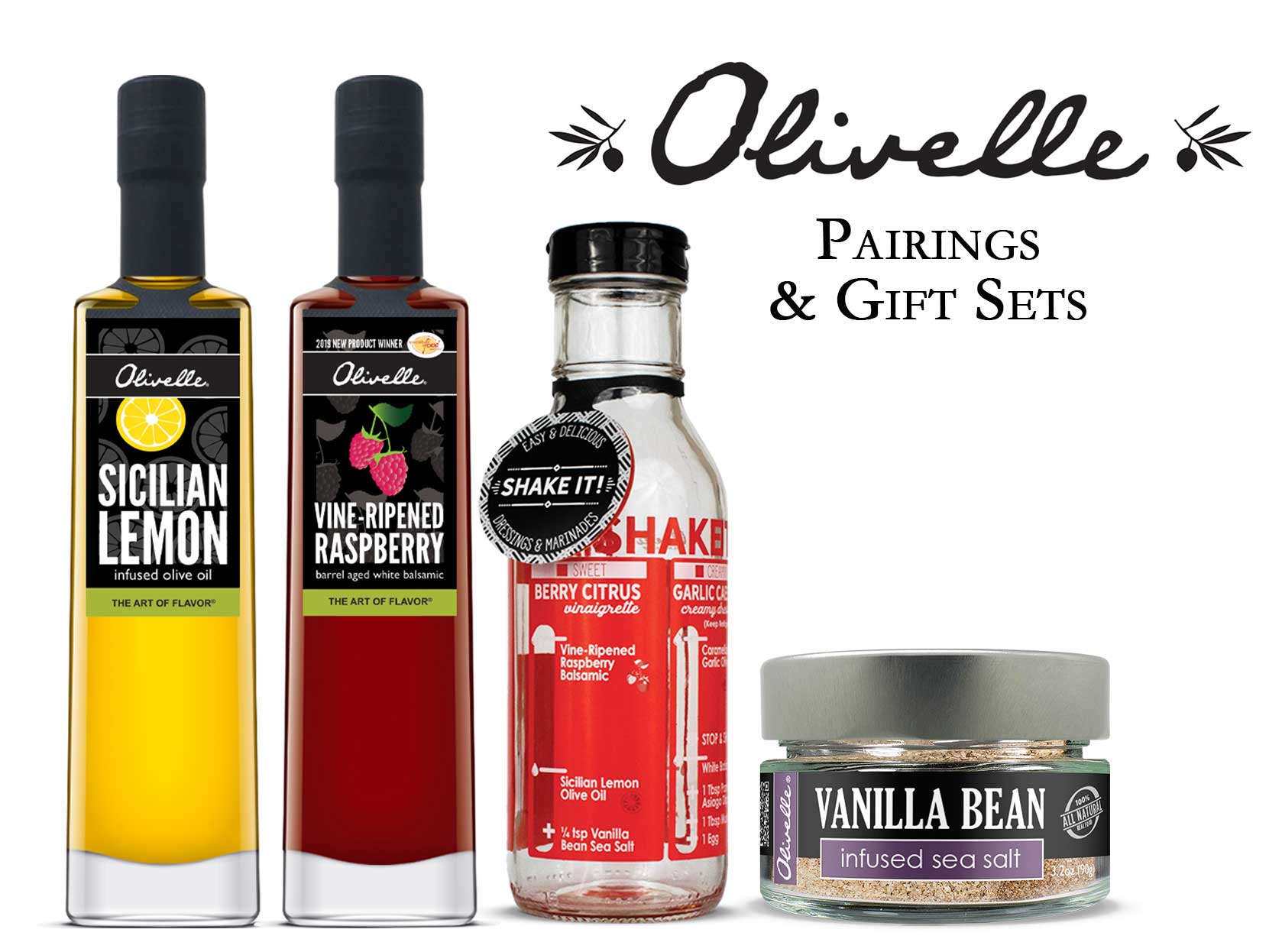 Food Olivelle Sicilian Lemon Olive Oil, Raspberry Balsamic Vinegar, Vanilla Bean Salt, and Dressing Shaker Bottle